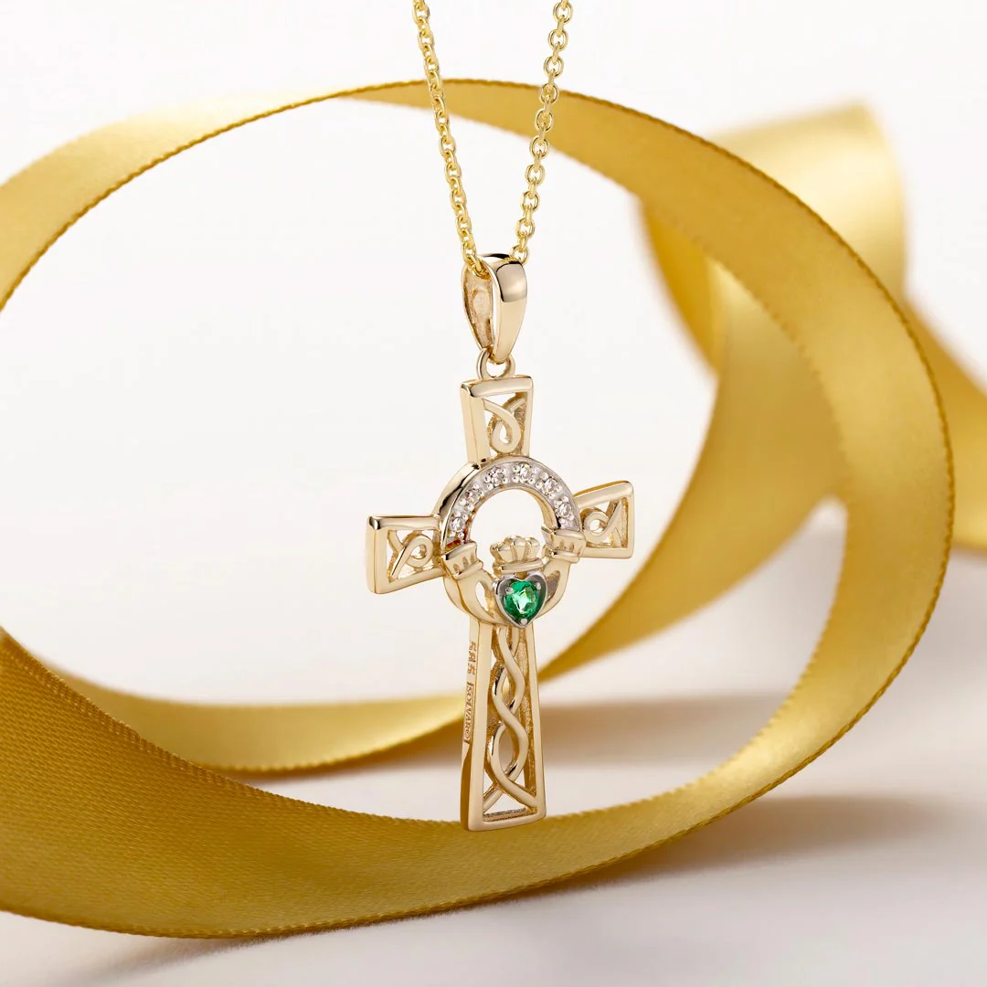 14K Gold Diamond & Emerald Claddagh Cross Necklace - Image 3