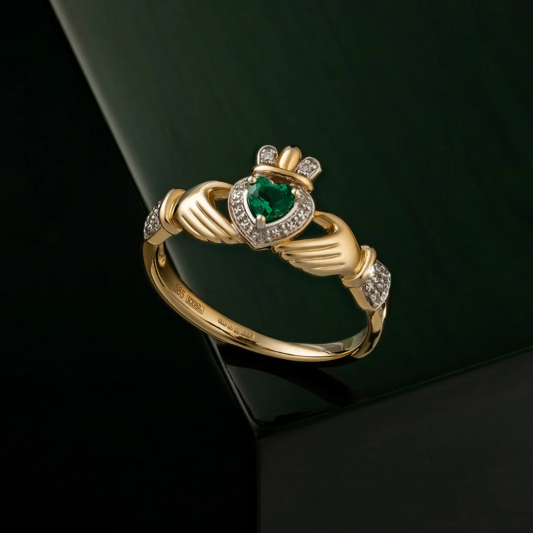 14K Gold Diamond & Emerald Claddagh Ring - Image 4