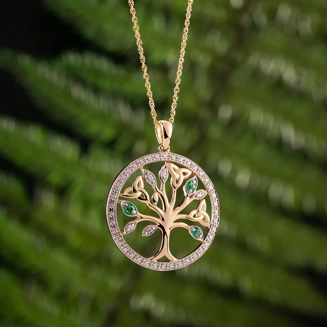 14K Gold Diamond & Emerald Irish Tree Of Life Necklace - Image 3