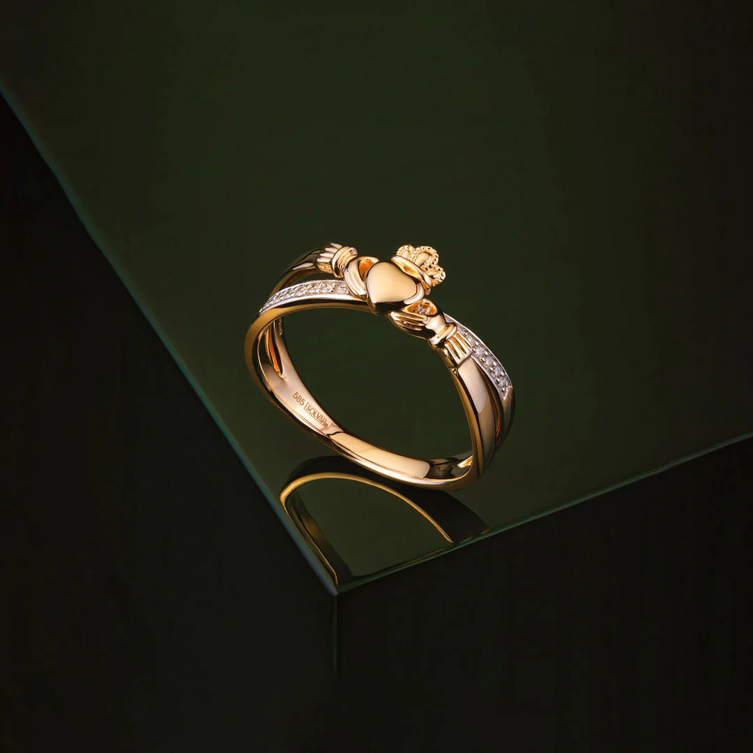 14K Gold Diamond Claddagh Crossover Ring - Image 4