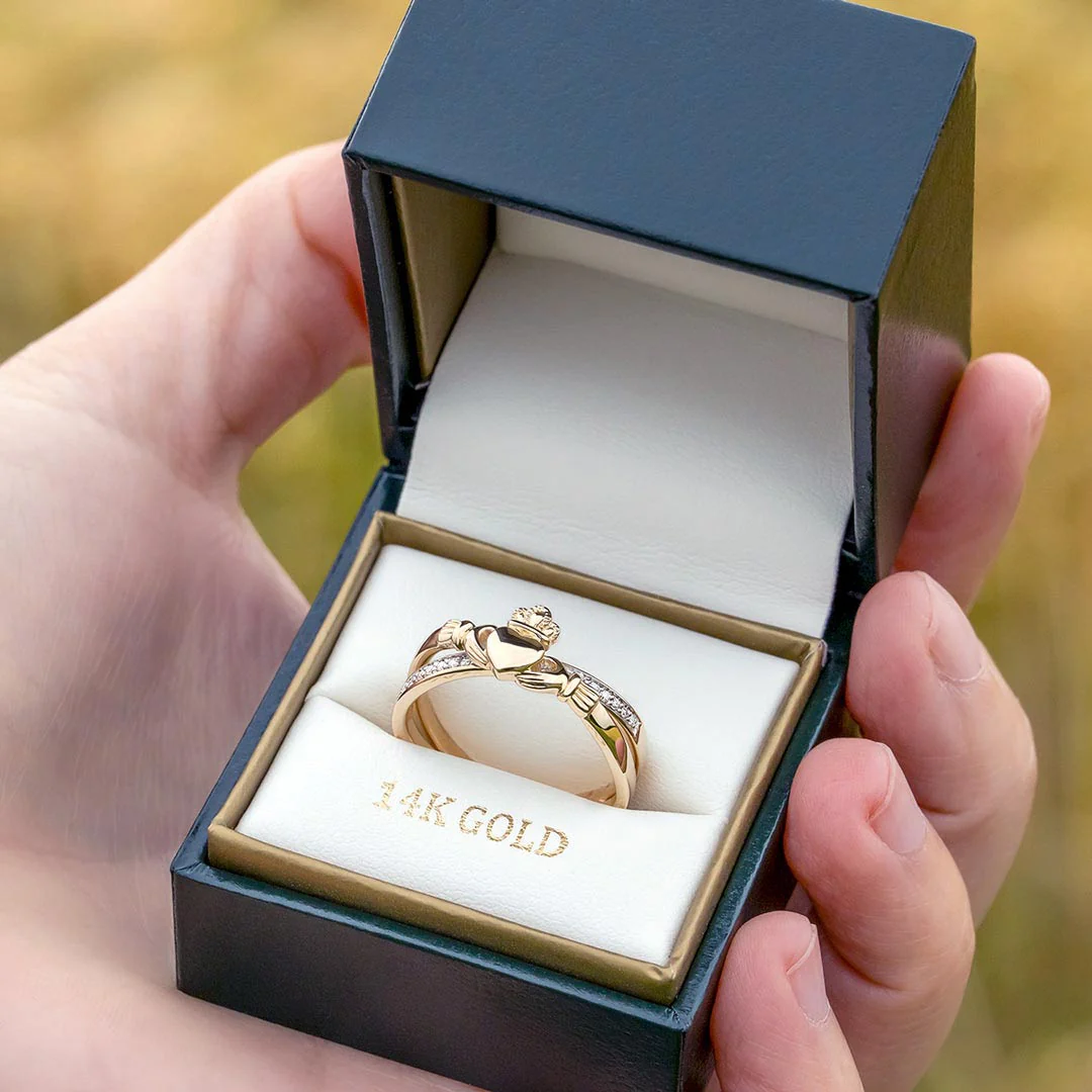 14K Gold Diamond Claddagh Crossover Ring - Image 5
