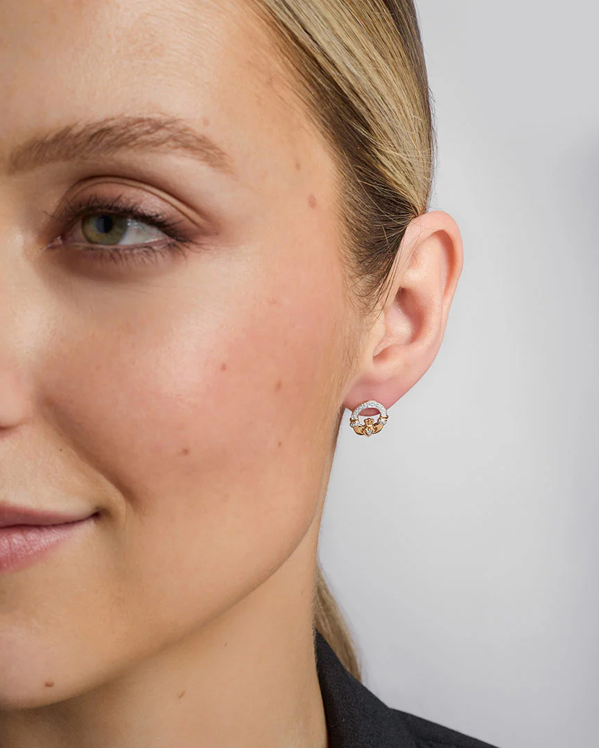14K Gold Diamond Claddagh Earrings - Image 3