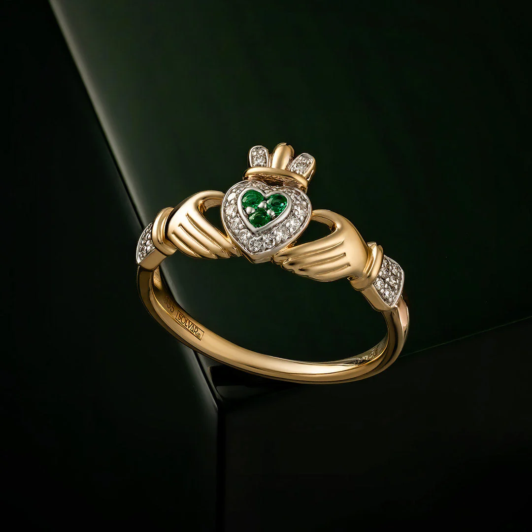 14K Gold Diamond & Emerald Set Claddagh Ring - Image 4