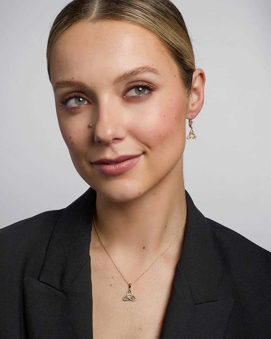 14K Gold Emerald Trinity Knot Drop Earrings - Image 3