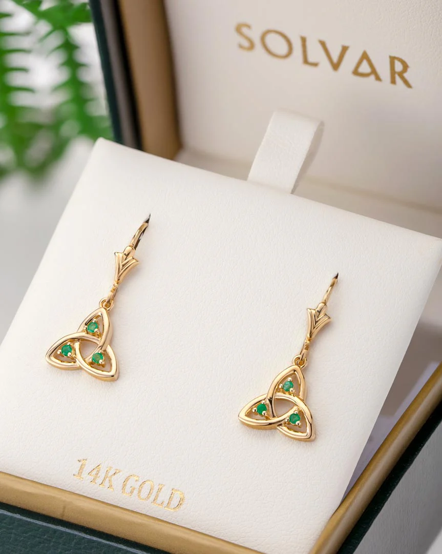 14K Gold Emerald Trinity Knot Drop Earrings - Image 4