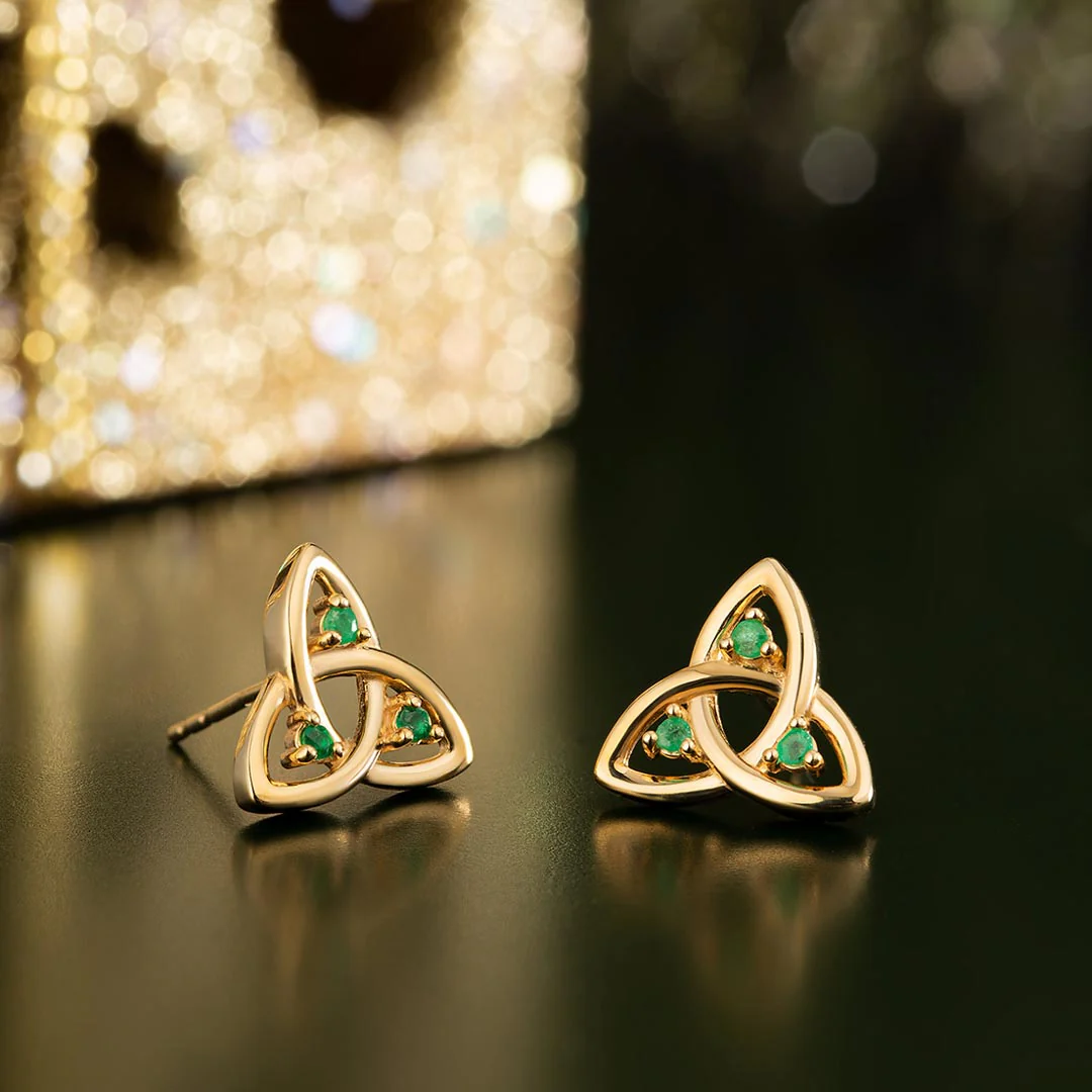 14K Gold Emerald Trinity Knot Earrings - Image 4
