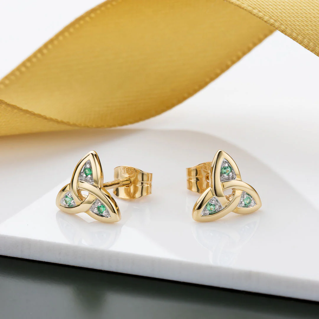 14K Gold Emerald Trinity Knot Stud Earrings - Image 4