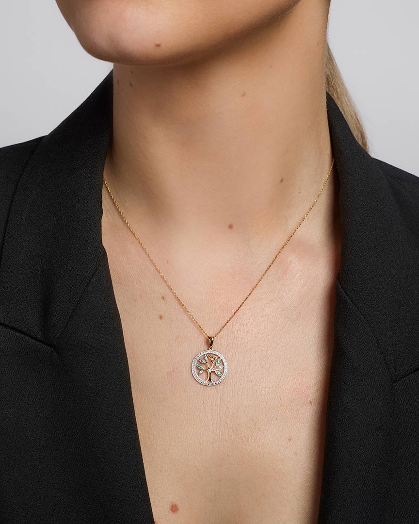 14K Gold Diamond And Emerald Celtic Tree Of Life Necklace - Image 3