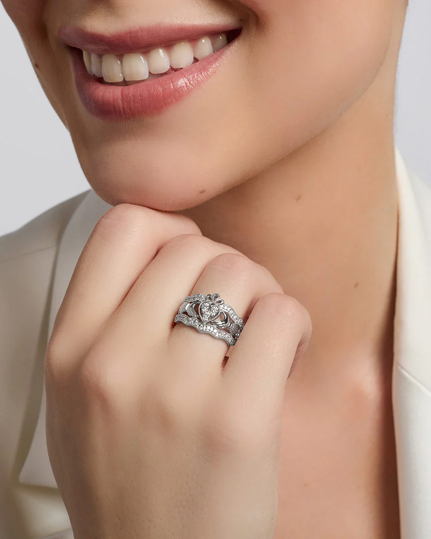 White Gold Diamond Irish Claddagh Ring - Image 3