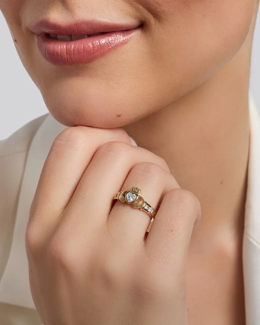 9K Gold Cubic Zirconia Claddagh Ring - Image 3