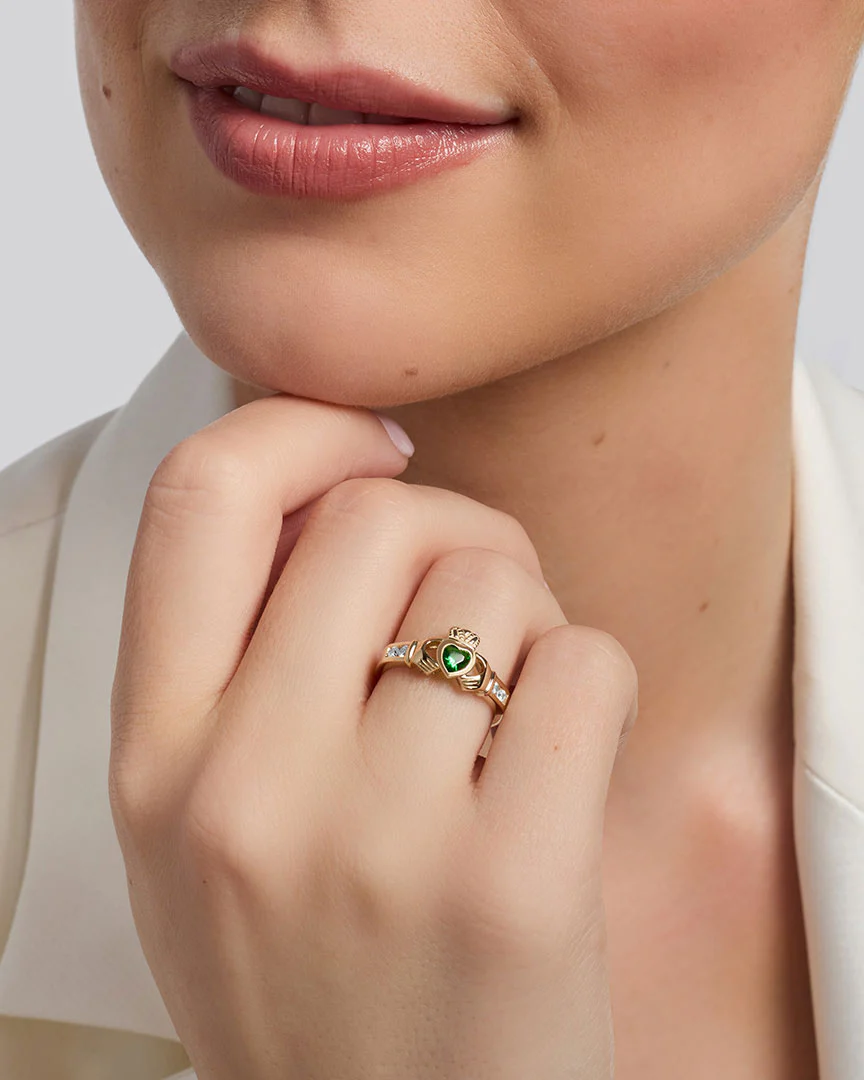Emerald & Cz Gold Claddagh Ring - Image 3