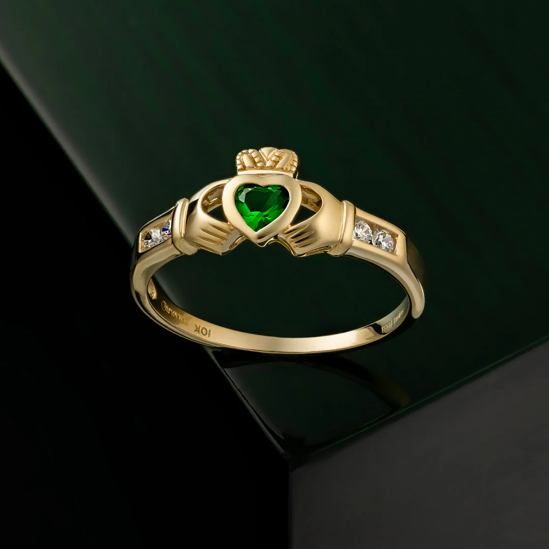 Emerald & Cz Gold Claddagh Ring - Image 6