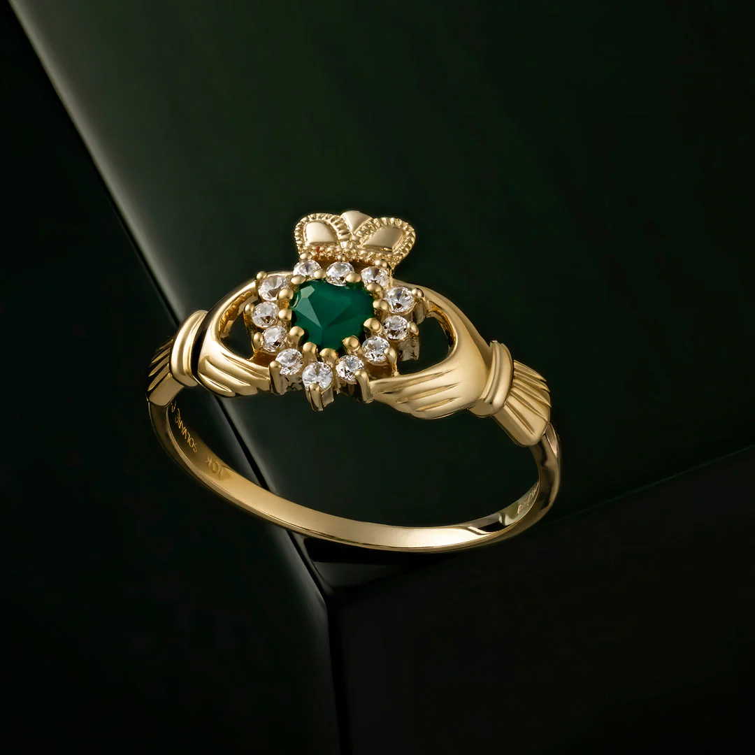 Green Agate Gold Claddagh Ring - Image 4