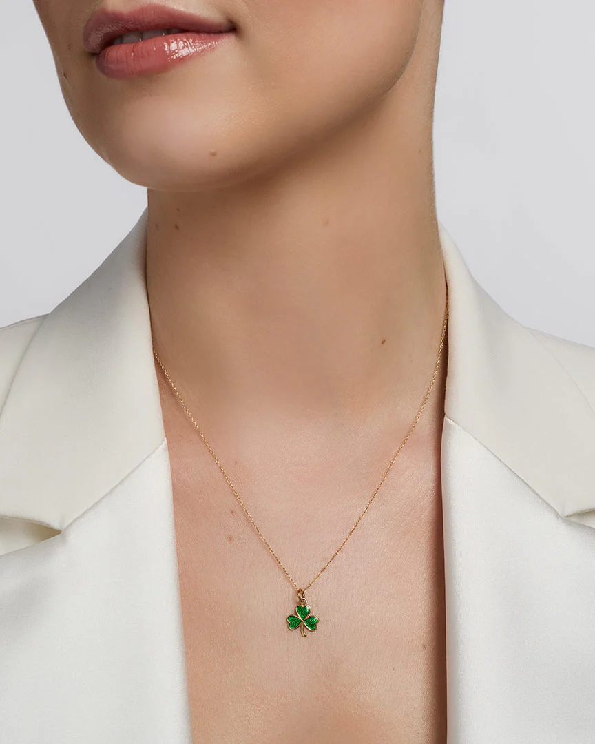 Green Enamel Gold Shamrock Necklace - Image 3