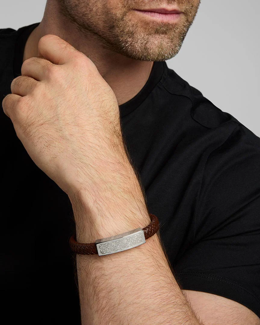 Gents Steel Brown Leather Bracelet - Image 3