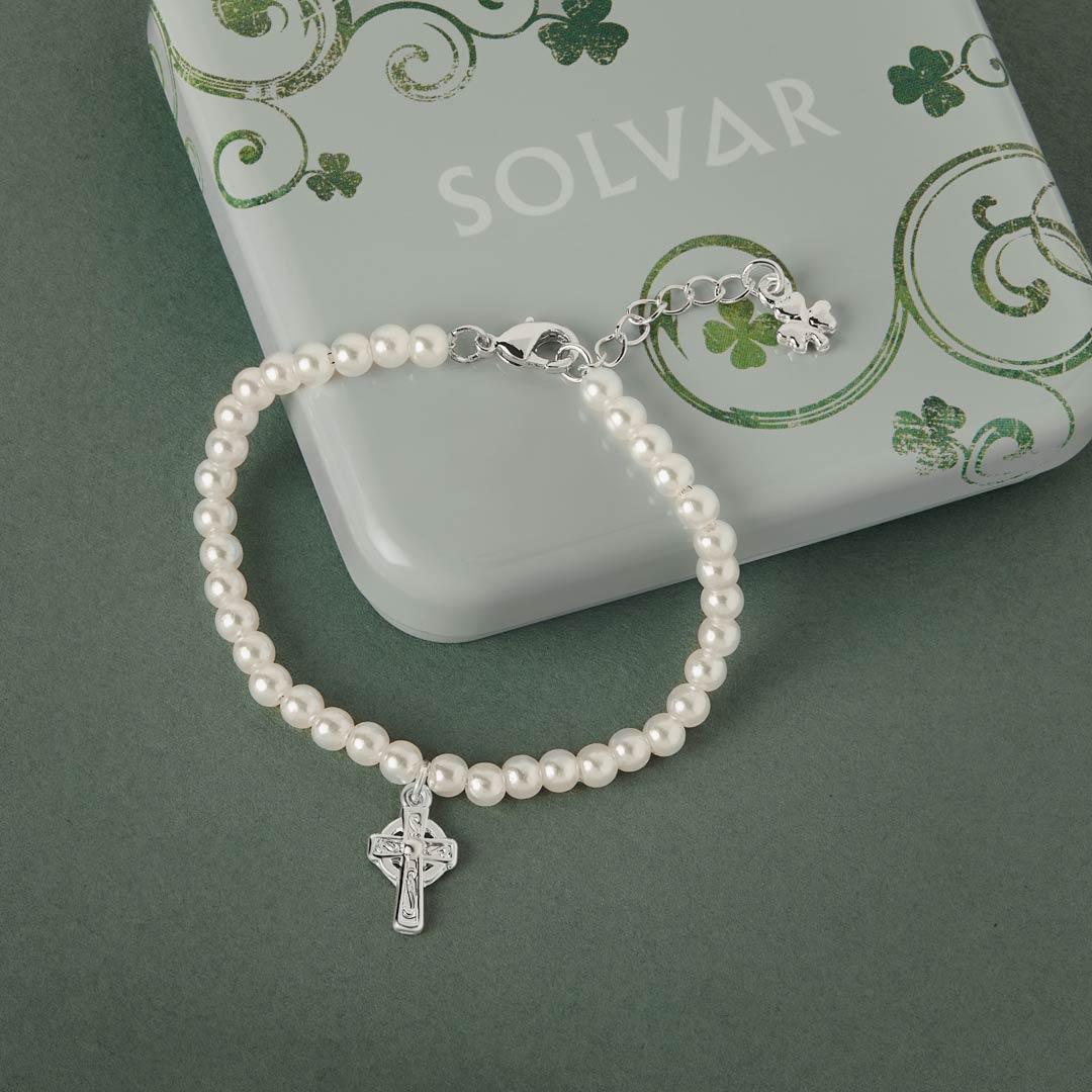 Rhodium Plated Celtic Cross Pearl Bracelet - Image 3
