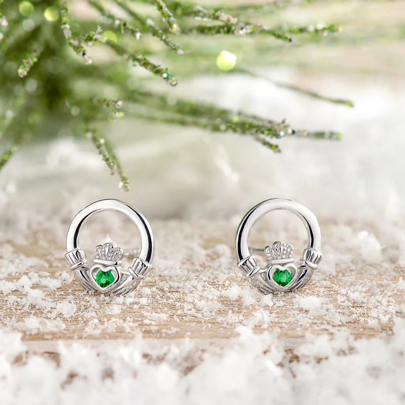 Green Crystal Claddagh Stud Earrings - Image 4