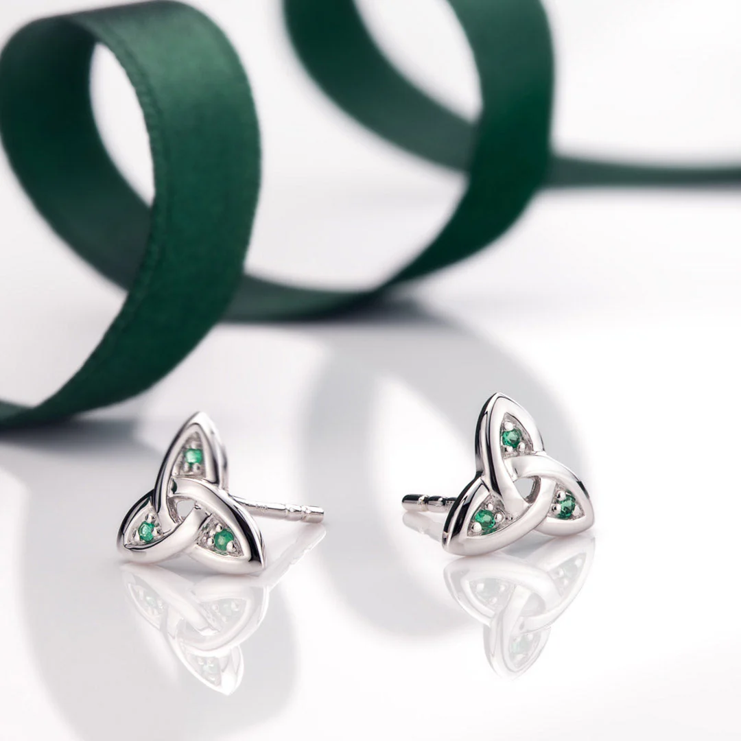 White Gold Emerald Trinity Knot Stud Earrings - Image 4